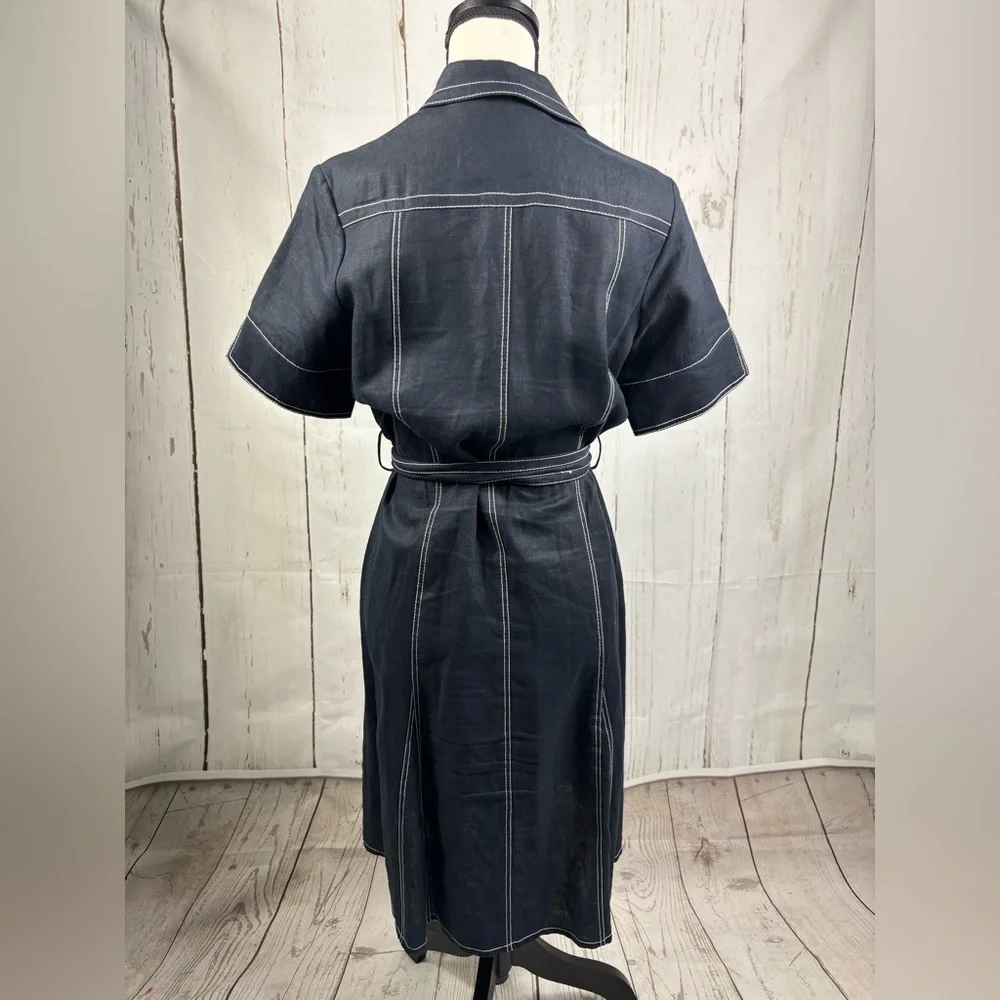 Linen Dress Button Up Navy White Stitching Belted - Picture 4 of 9